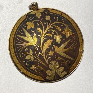 Round Damascene Floral and Bird Pendant